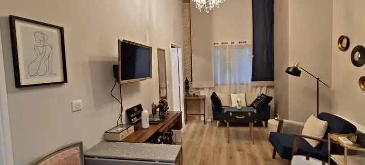 Pièce de vie et espace détente — Le Tailleur, hébergement Bed in Shop à Romans-sur-Isère